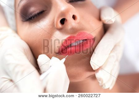 Microblading Technique Applied On Kissable Lips