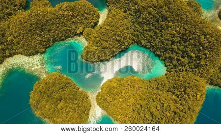 Aerial View: Bucas Grande Island, Sohoton Cove. Philippines. Tropical Sea Bay And Lagoon, Beach. Tro