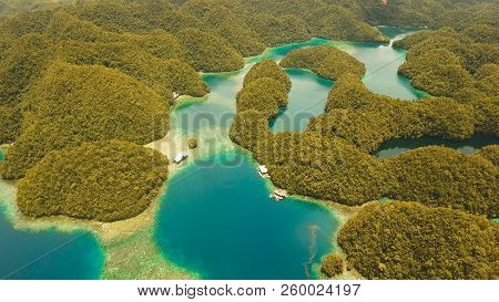 Aerial View: Bucas Grande Island, Sohoton Cove. Philippines. Tropical Sea Bay And Lagoon, Beach. Tro