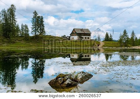 Summer Federa Lake With Dolomites Peak, Cortina D'ampezzo, Dolomites, Italy