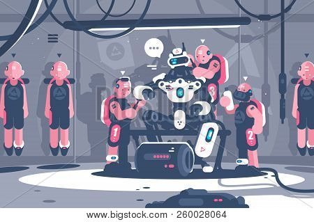 People Slaving Artificial Intelligence Robotic Boss. Cyborg