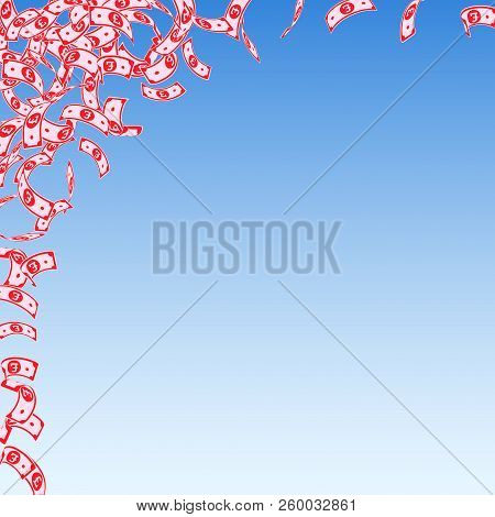 British Pound Notes Falling. Small Gbp Bills On Blue Sky Background. United Kingdom Money. Astonishi