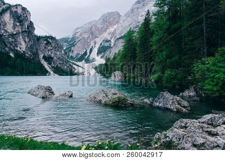 Beautiful View Of Lago Di Braies Or Pragser Wildsee, Trentino Alto Adidge, Dolomites Mountains, Ital