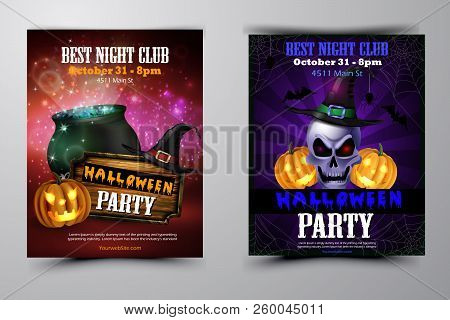 Halloween Party Flyer Set With Pumpkins, Hat, Pot Skull And Wooden Board Vector