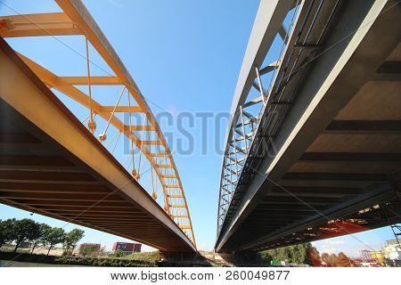Bright Yellow Bridge Named Hogeweidebrug Over The Amsterdam-rhine Canal In Utrecht For Traffic And V