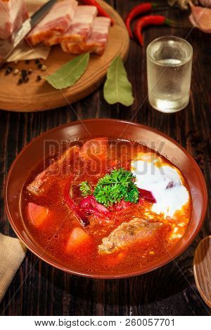 Traditional Russin Food Cuisine. Beetroot Soup Top View.