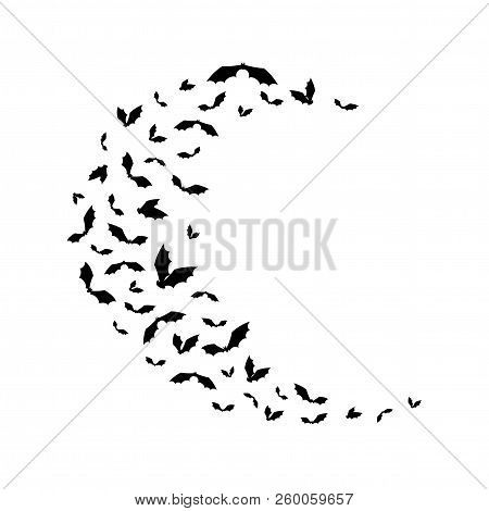 Halloween Wallpaper With Black Flying Bats On White Background. Round Wavy Path. Flat Vector Illustr