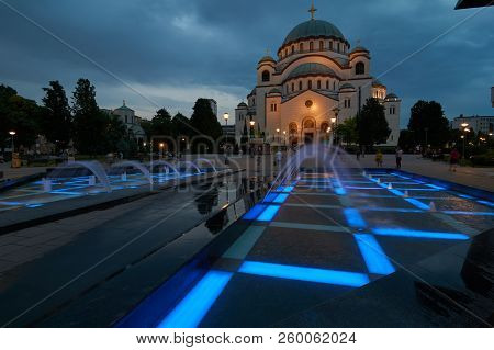 Belgrade, Serbia - May 04, 2018: Belgrade Citizens And Tourists Have Evening Walk Near Temple Of Sai