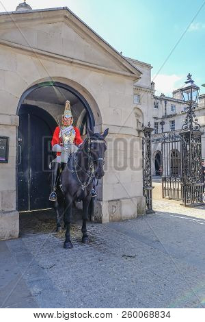 Whitehall, London, Uk - June 8, 2018: Mounted Royal Guard On Duty I Whitehall.  Summer Daytime Shot 