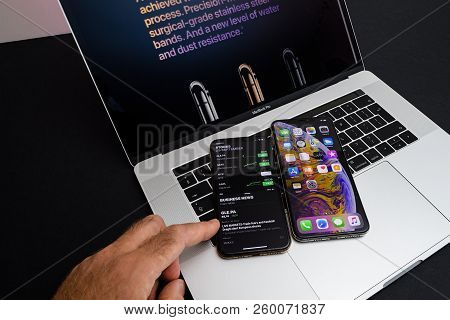 Paris, France - Sep 25, 2018: New Iphone Xs And Xs Max Smartphones Model By Apple Computers Close Up
