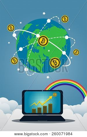 Business Laptop Concept Symbol On-screen. Bitcoin Gold Icon For Rowth Chart On Coin Spin Around The 