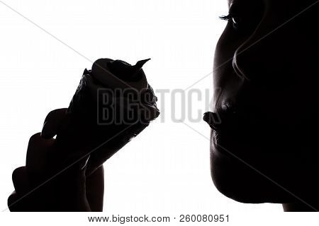 Big Bite Arm Fudge Glaze Look Sweet Diet Weight Loss Concept. Half-faced Side View Close Up Portrait