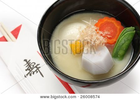 Miso polévka zoni (japonská rýže dort polévka), japonské jídlo
