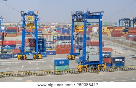 Mundra, India - February 04: Container Terminal In Port Of Mundra On February 04, 2018 In Mundra, In