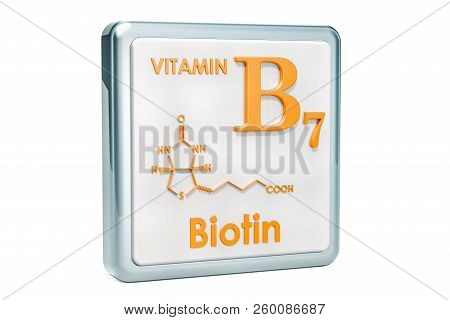 Vitamin B7, Biotin. Icon, Chemical Formula, Molecular Structure On White Background. 3d Rendering