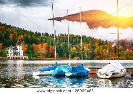 Yacht Dock On The Lake. Misty Morning On The Lake Grundlsee Location: Resort Grundlsee, Liezen Distr
