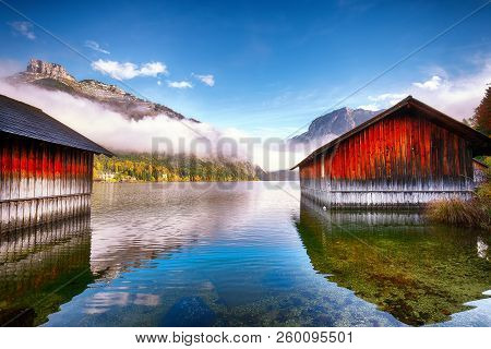 Misty And Sunny Morning On Altaussee Village. Sunny Autumn Scene In The Morning. Location: Resort Vi