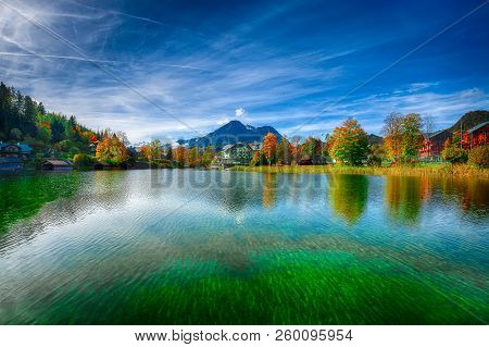 Picturesque Autumn Scene Of Altausseer See Lake. Sunny Morning View Of Altaussee Village. Location: 