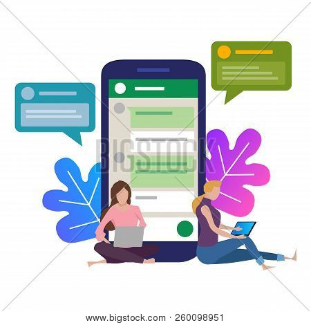 The Girl Next To A Huge Phone. Chat In Social Network On The Internet. Chat With Friends In The Mess