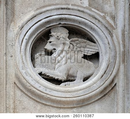 MODENA, ITALY - JUNE 04: Symbol of Saint Mark the Evangelist the marble pulpit by Jacopo e Paolo da Ferrara, dated 1501, Modena Cathedral, Italy on June 04, 2017.