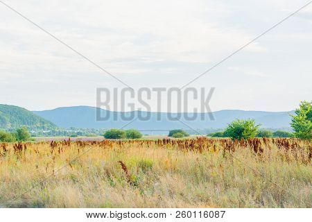 Steppe Landscape On The Bank Of The River Sok Samara Region Russia. View Of The Zhiguli Mountains