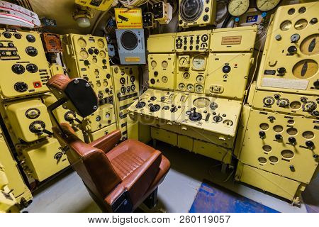 Moscow, Russia - May 04, 2018: Interior of Russian Soviet submarine in museum of naval forces.