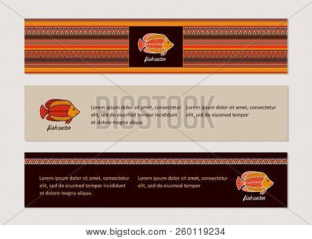 The Bright Corporate Identity With Fish And Ornaments In Ethnic Style.  Cover For Banners, Posters, 