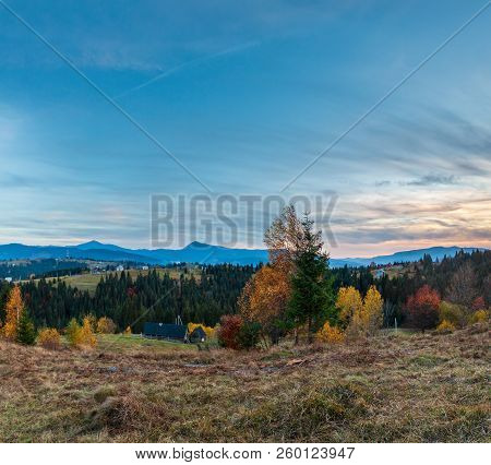 Evening Twilight Carpathian Mountains And Village Hamlets On Slopes (yablunytsia Village And Pass, I