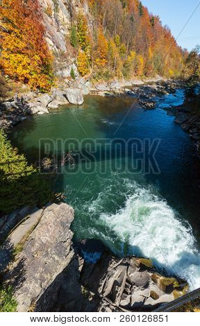 Prut River Autumn Landscape (yaremche, Ivano-frankivsk Oblast, Ukraine). View From Bridge.
