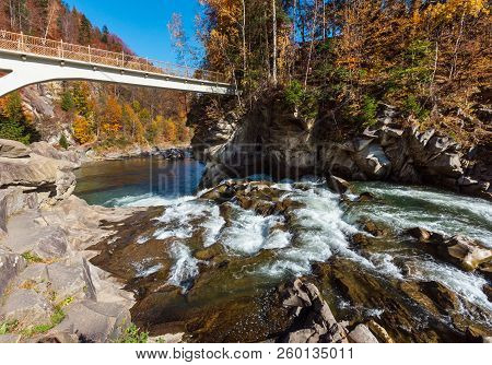 Probiy Waterfall On The Prut River, In Yaremche City, Ivano-frankivsk Oblast, Ukraine. Autumn Landsc