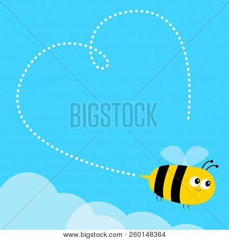 Flying Bee Icon. Dash Line Heart. Big Eyes. Happy Valentines Day. Cute Cartoon Funny Baby Caharacter