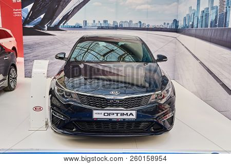 Krasnoyarsk, Russia - September 22, 2018: Exhibition Motor Expo Show Car Kia Optima. Front View. The