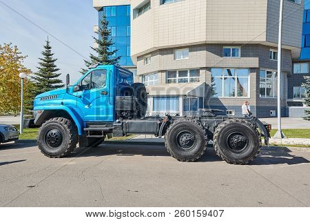 Krasnoyarsk, Russia - September 22, 2018: Exhibition Motor Expo Show Ural-next 44202-5311. Left View