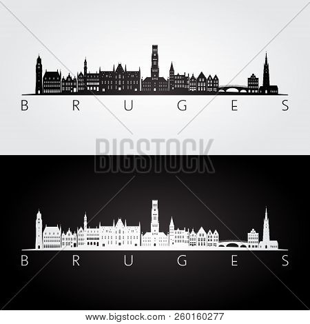 Bruges Skyline And Landmarks Silhouette, Black And White Design, Vector Illustration.