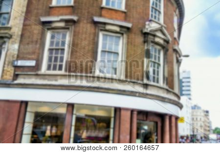 Small Food Shop On The Old London Street. Blurred View