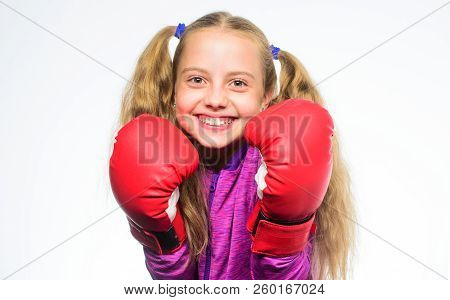 Girl Child Strong With Boxing Gloves Posing On White Background. She Ready To Defend Herself. Sport 