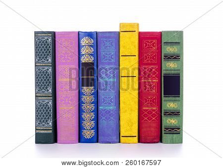 Vintage Books In A Row, Isolated On White Background
