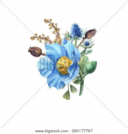 Watercolor Blue Poppy Flower Bouquet With Leaves Wedding