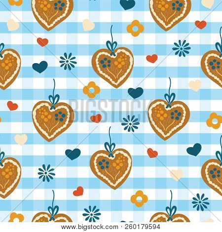 Oktoberfest Lebkuchenherz Gingerbread Heart Seamless Vector Pattern On A Blue And White Checkered Ba