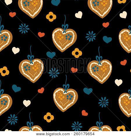 Lebkuchenherz Gingerbread Heart Seamless Pattern For Oktoberfest On A Black Background With Blue, Re
