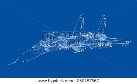 Fighter Plane Concept. Vector Rendering Of 3d. Wire-frame Style. The Layers Of Visible And Invisible