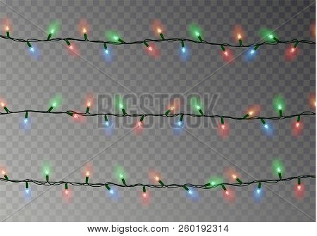Christmas Color Lights String. Transparent Effect Decoration Isolated On Dark Background. Realistic 