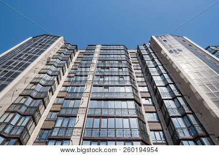 Modern And New Apartment Building. Multistoried, Modern, New And Stylish Living Block Of Flats. Real