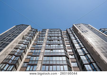 Modern And New Apartment Building. Multistoried, Modern, New And Stylish Living Block Of Flats. Real