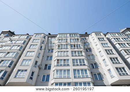 Modern And New Apartment Building. Multistoried, Modern, New And Stylish Living Block Of Flats. Real