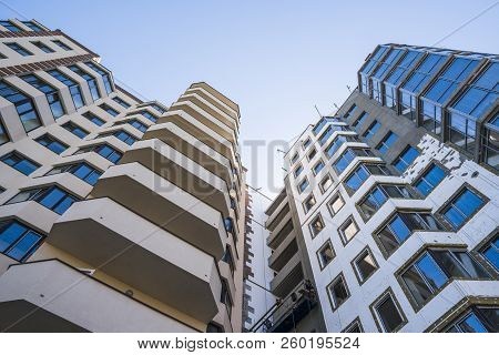Modern And New Apartment Building. Multistoried, Modern, New And Stylish Living Block Of Flats. Real