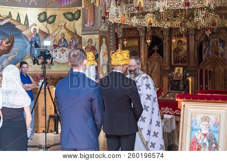 Tiberias, Israel, September 22, 2018 : A Priest Reads A Prayer At The Wedding Ceremony Held In The O