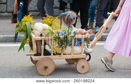 Little Girl With Braids Sitting On A Wooden Handcart During A Folklore Event In Pinzolo