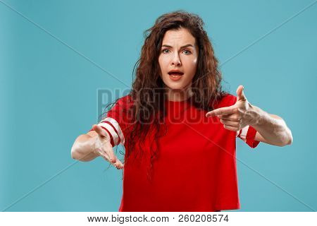 Argue, Arguing Concept. Beautiful Female Half-length Portrait Isolated On Blue Studio Backgroud. You