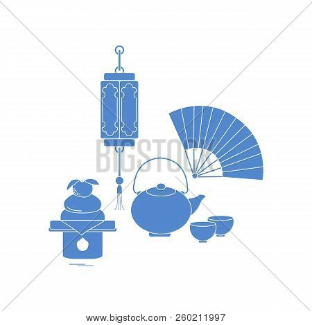 Eastern New Year Symbols. Chinese Lantern, Kettle With Two Cups, Fan, Kagami Mochi. Festive Traditio